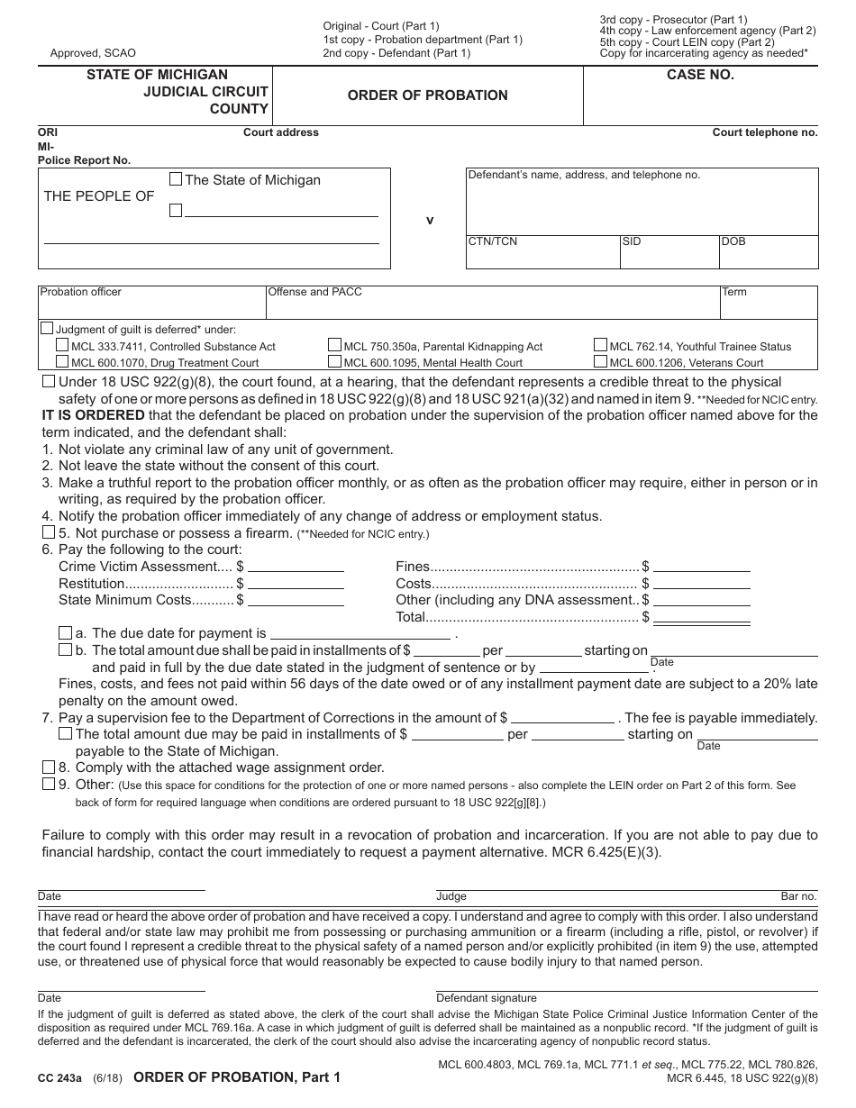 Form CC243A Order of Probation - Michigan, Page 1