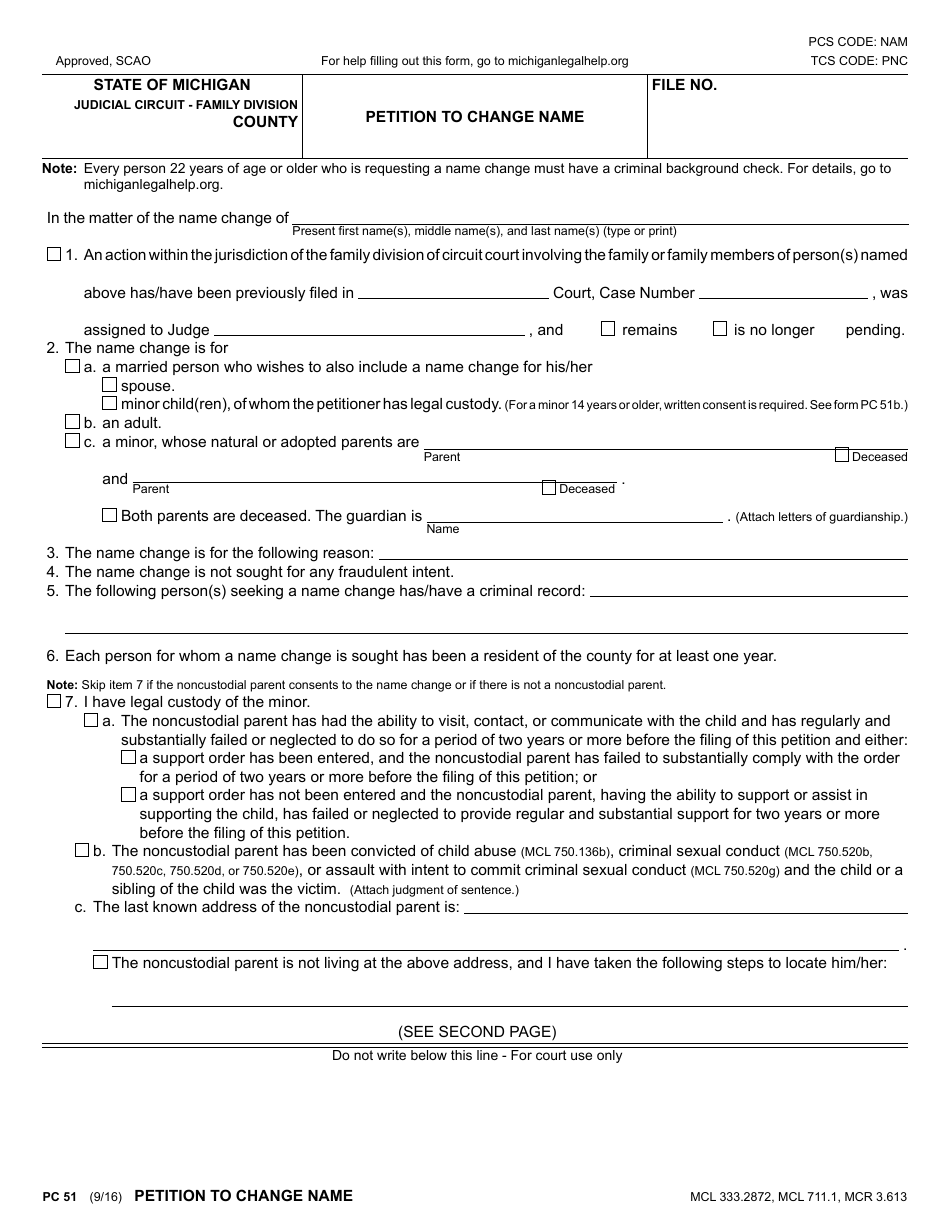 Form PC51 Petition to Change Name - Michigan, Page 1