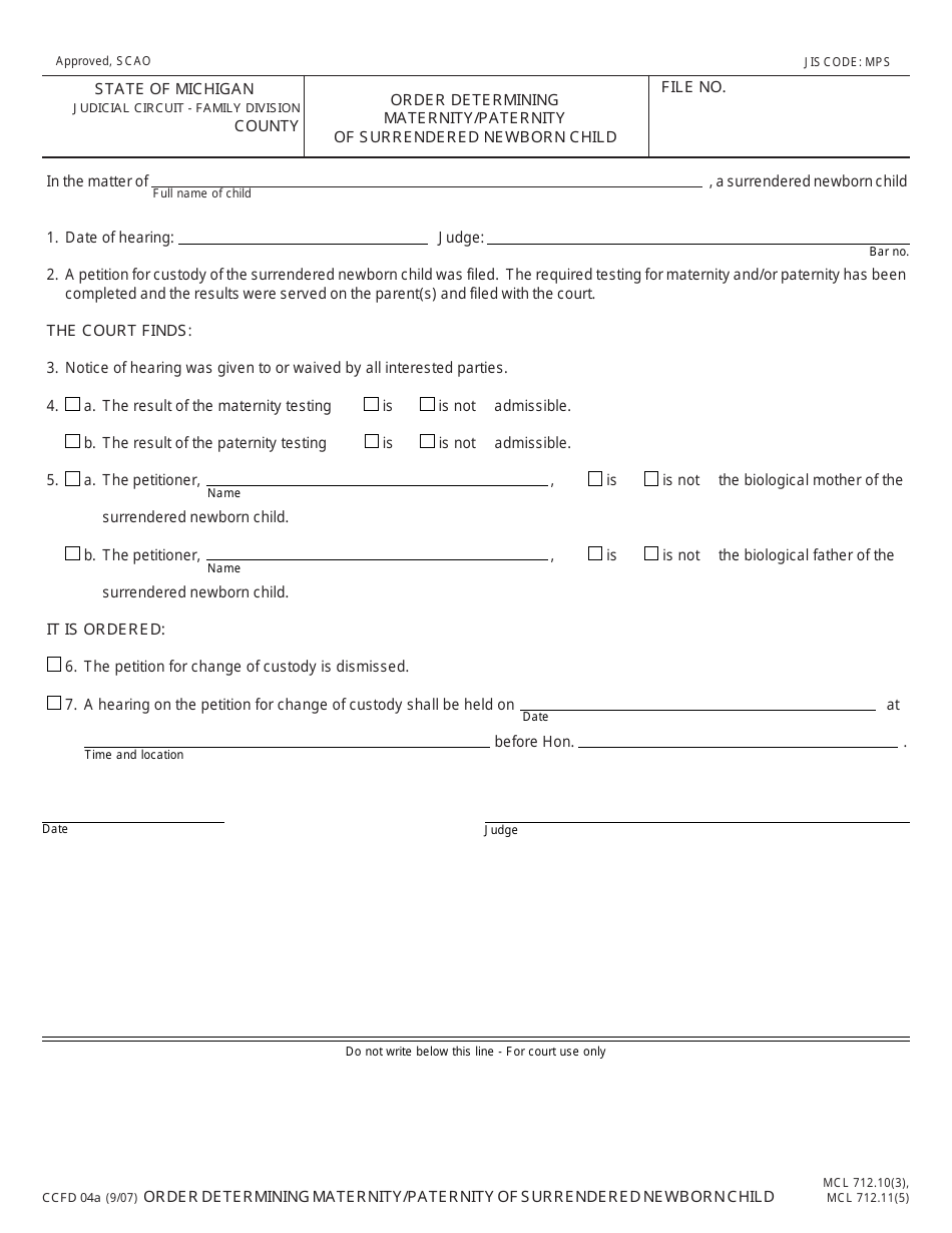 Form CCFD04A Order Determining Maternity / Paternity of Surrendered Newborn Child - Michigan, Page 1