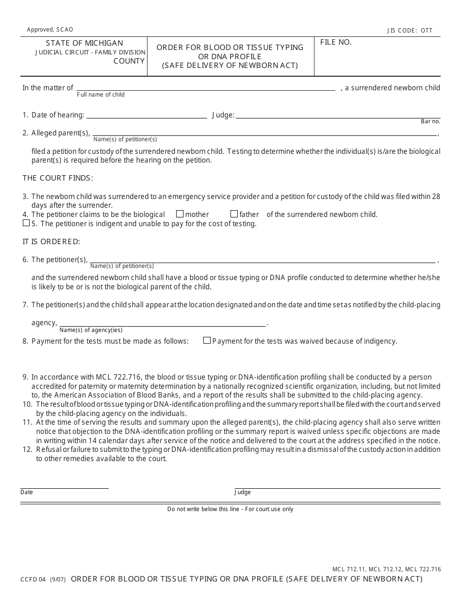 Form CCFD04 Order for Blood or Tissue Typing or Dna Profile - Michigan, Page 1