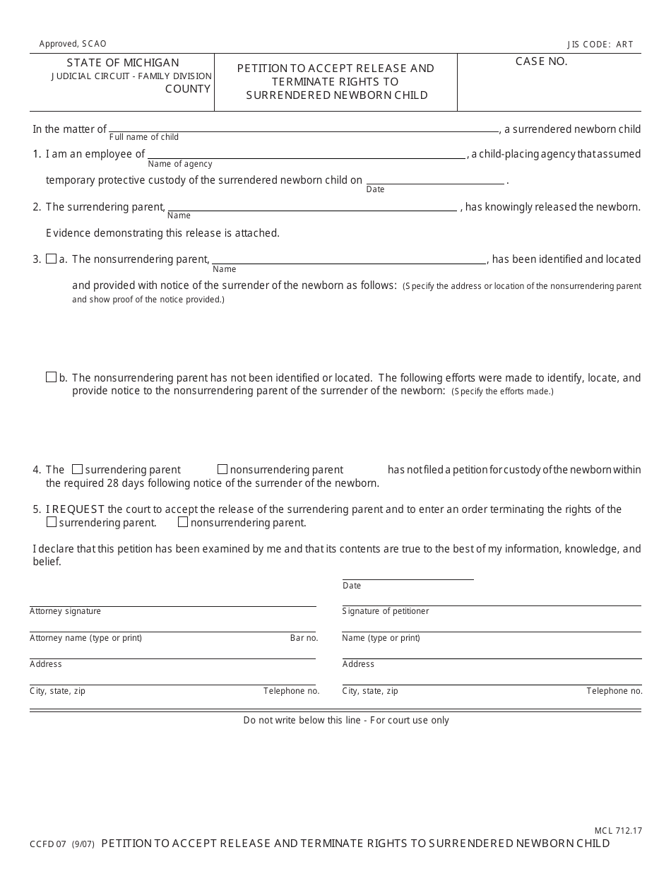 Form CCFD07 Petition to Accept Release and Terminate Rights to Surrendered Newborn Child - Michigan, Page 1
