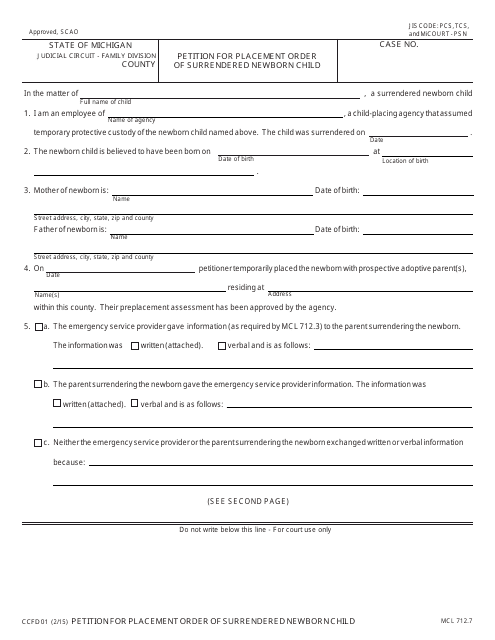 Form CCFD01 Petition for Placement Order of Surrendered Newborn Child - Michigan