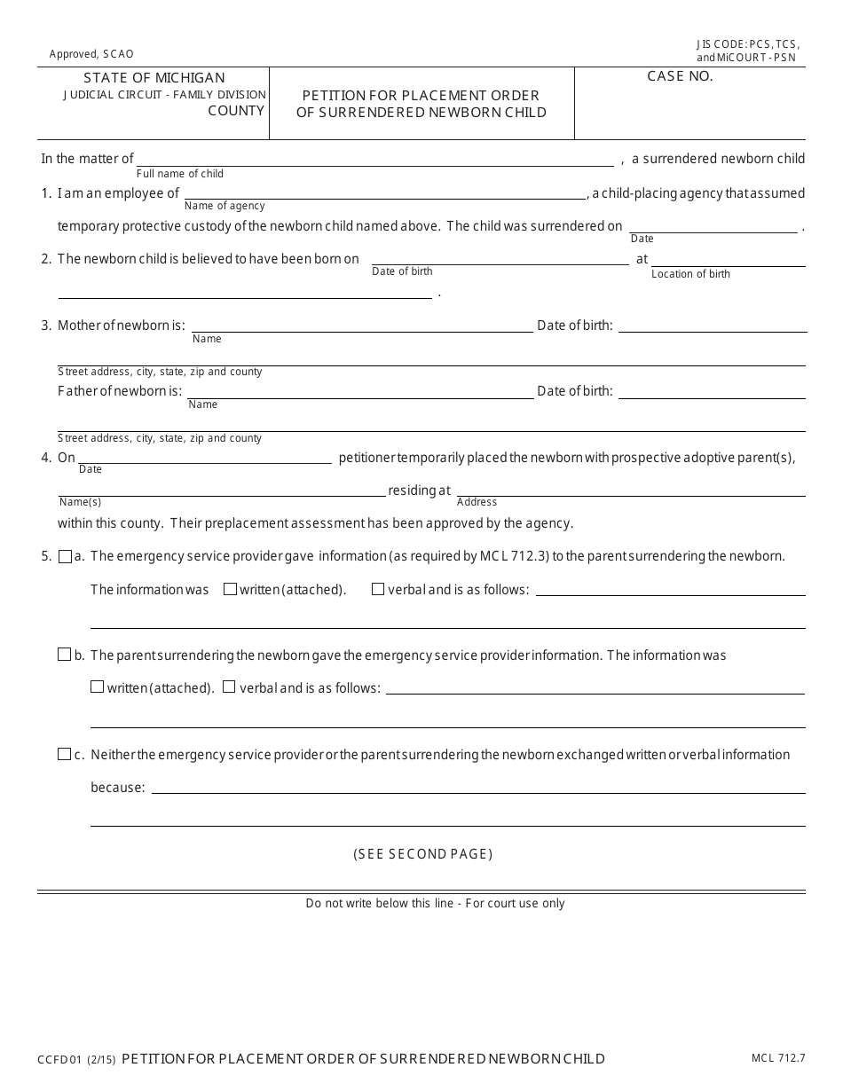 Form CCFD01 Download Fillable PDF or Fill Online Petition for Placement ...