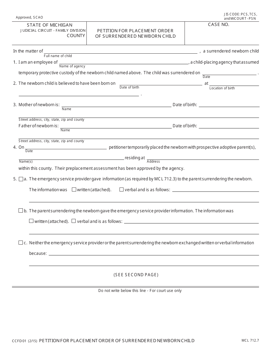 Form CCFD01 Petition for Placement Order of Surrendered Newborn Child - Michigan, Page 1