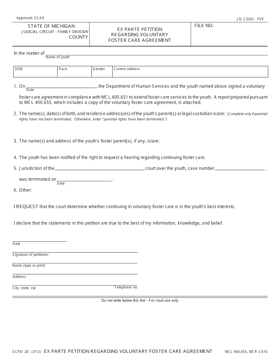 Form CCFD20 Ex Parte Petition Regarding Voluntary Foster Care Agreement - Michigan, Page 1