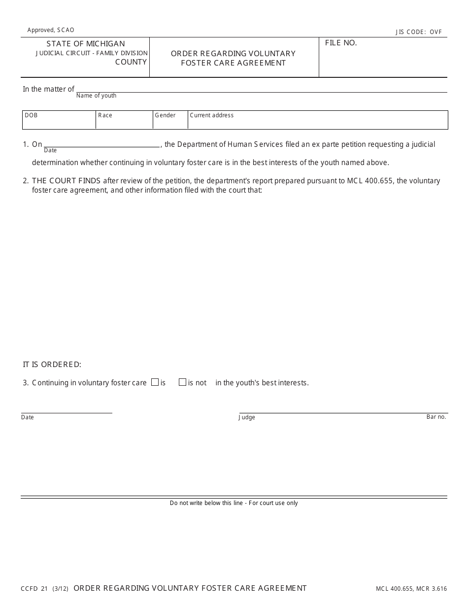 Form CCFD21 Order Regarding Voluntary Foster Care Agreement - Michigan, Page 1