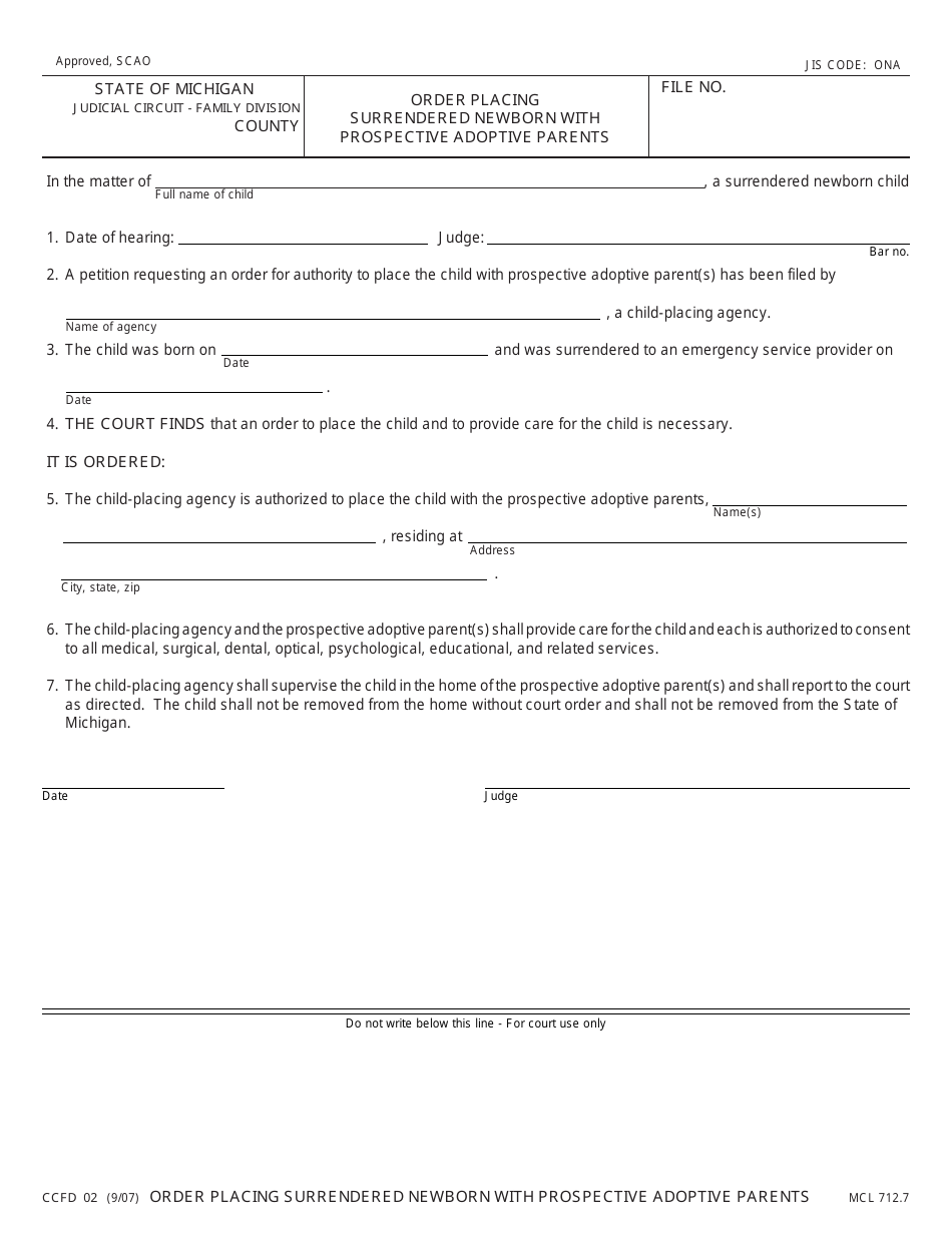 Form CCFD02 Order to Placing Surrendered Newborn With Prospective Adoptive Parents - Michigan, Page 1