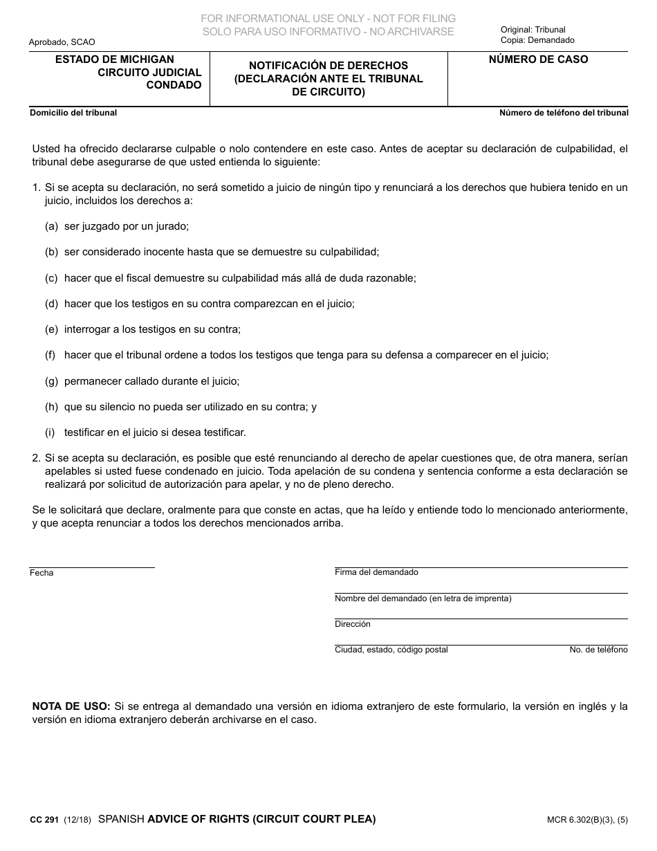 Formulario CC291 Notificacion De Derechos (Declaracion Ante El Tribunal De Circuito) - Michigan (Spanish), Page 1