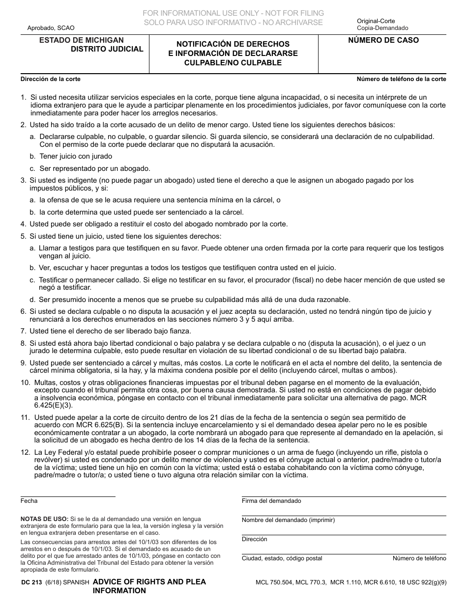 Formulario DC213 Notificacion De Derechos E Informacion De Declararse Culpable / No Culpable - Michigan (Spanish), Page 1