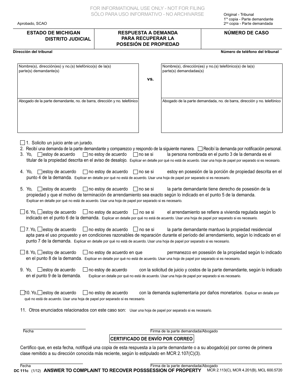 Formulario DC111C Respuesta a Demanda Para Recuperar La Posesion De Propiedad - Michigan (Spanish), Page 1
