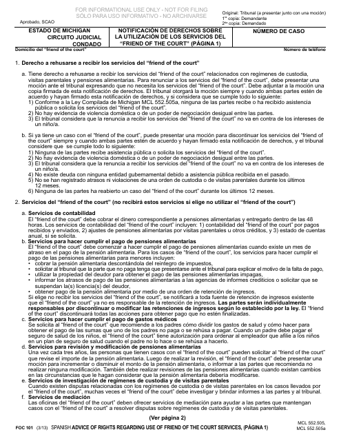 Formulario FOC101 Notificacion De Derechos Sobre La Utilizacion De Los Servicios Del "friend of the Court" - Michigan (Spanish)