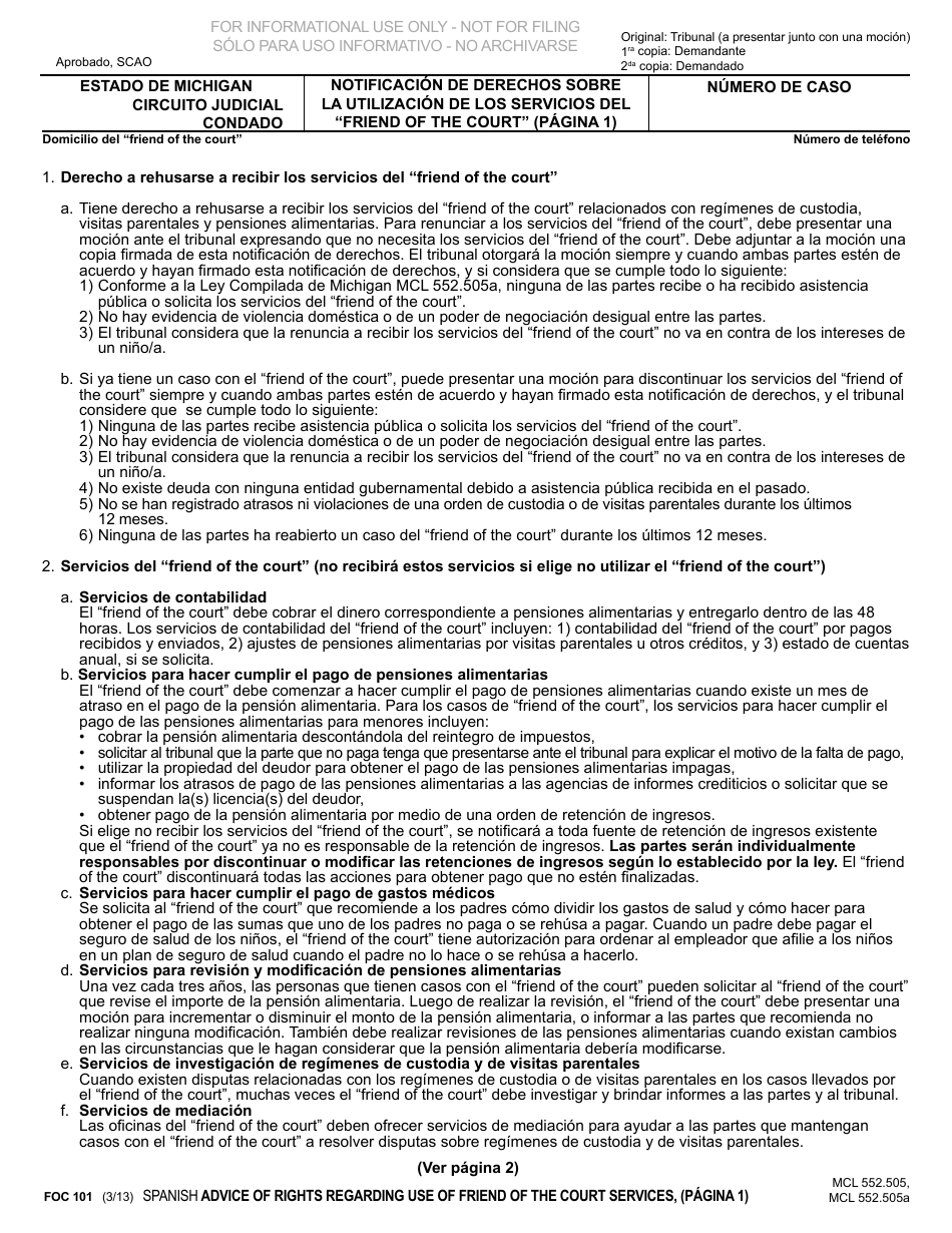 Formulario FOC101 Notificacion De Derechos Sobre La Utilizacion De Los Servicios Del friend of the Court - Michigan (Spanish), Page 1