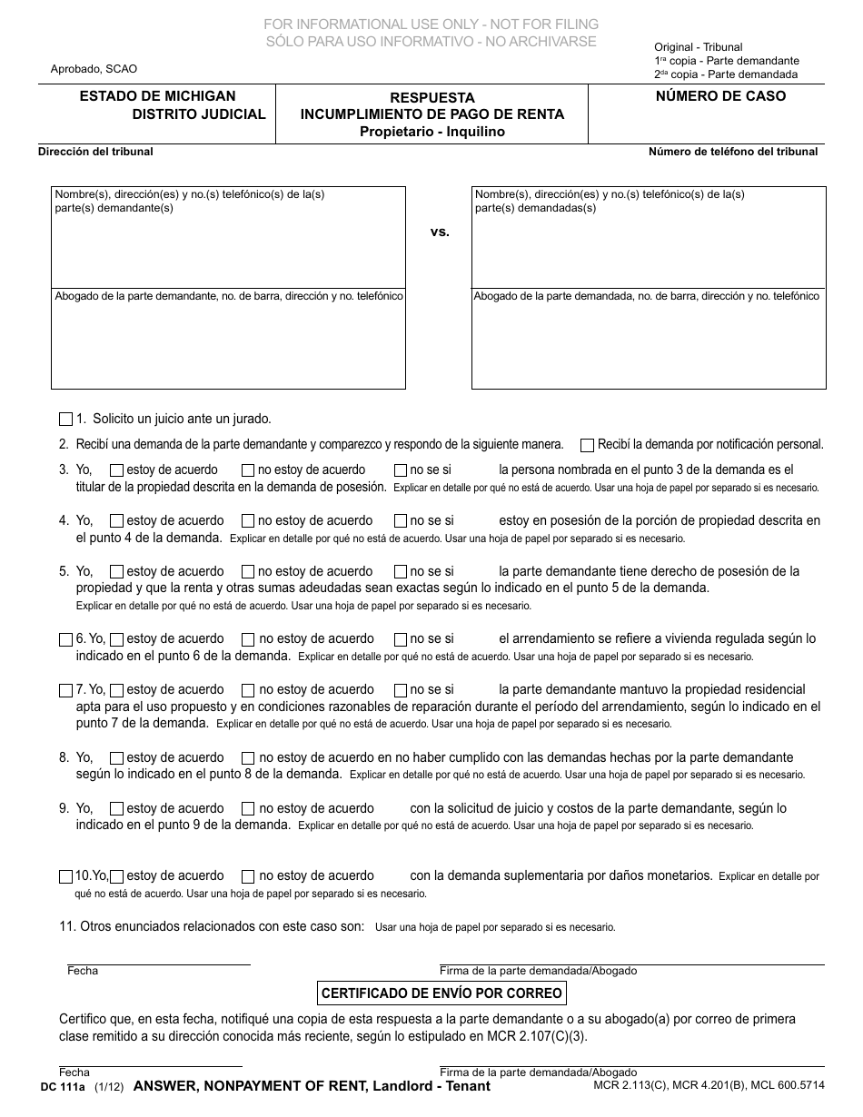 Formulario DC111A Respuesta Incumplimiento De Pago De Renta Propietario - Inquilino - Michigan (Spanish), Page 1