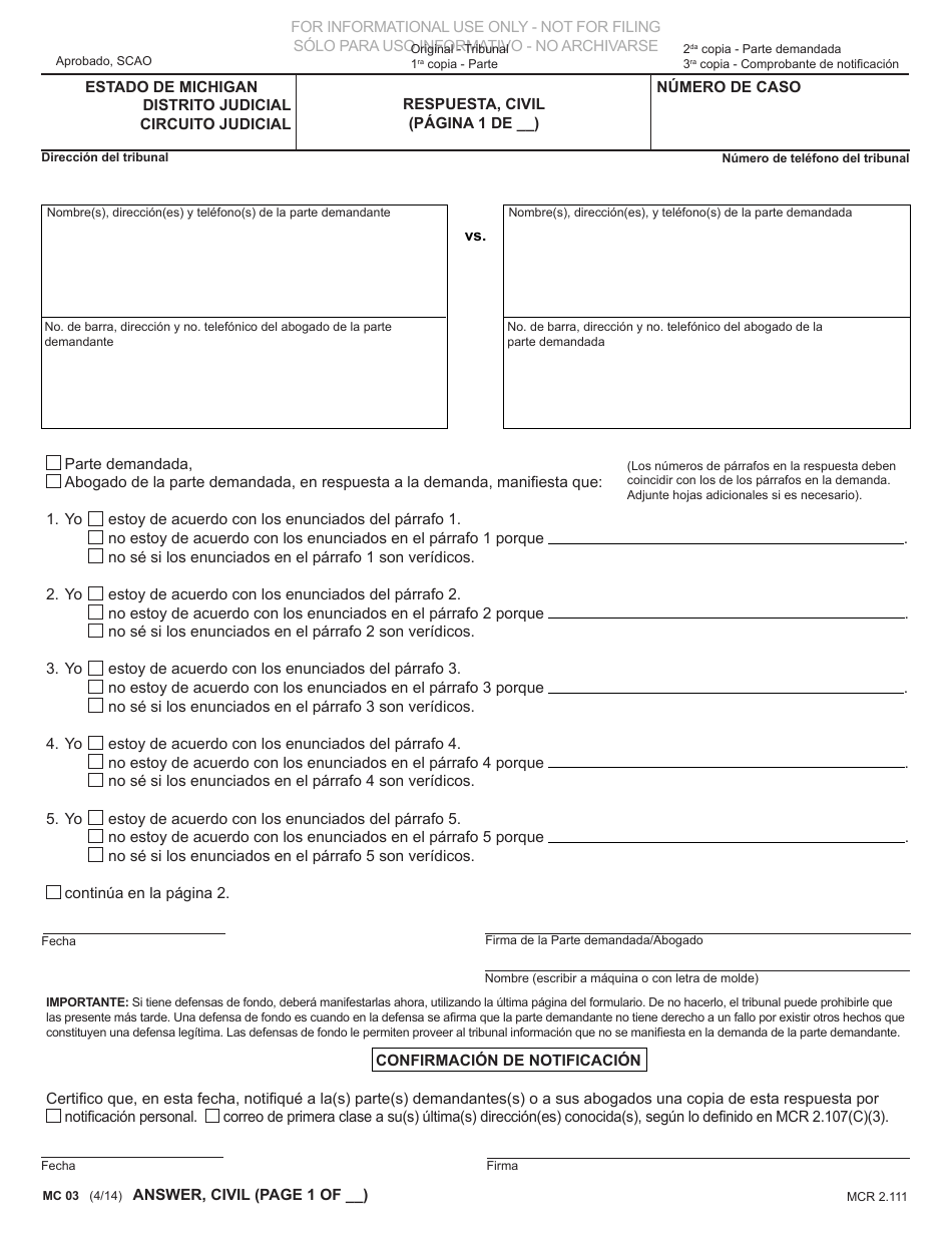 Formulario MC03 Respuesta, Civil - Michigan (Spanish), Page 1