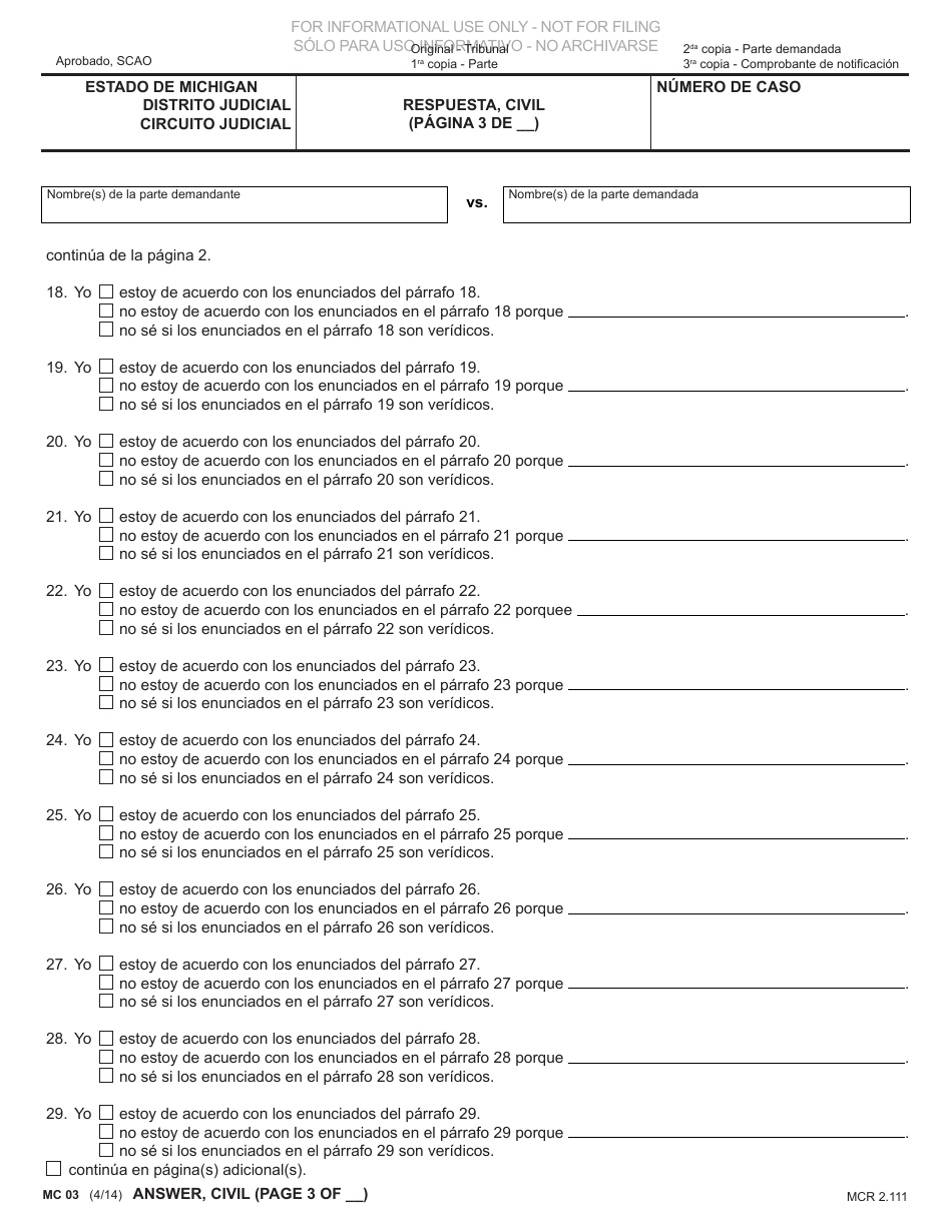 Formulario MC03 Respuesta, Civil - Michigan (Spanish), Page 3