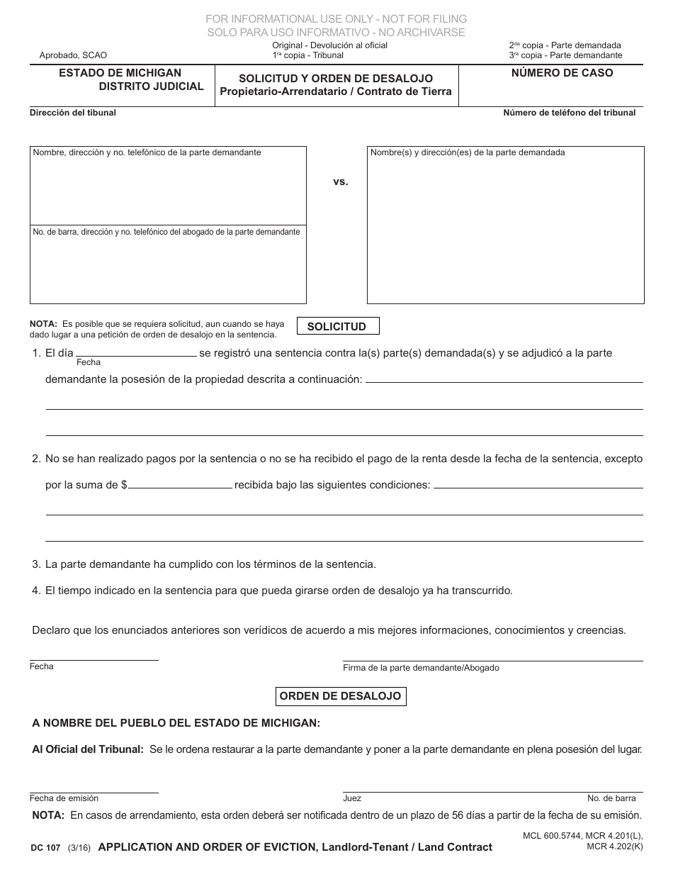 Formulario DC107 Solicitud Y Orden De Desalojo, Propietario-Arrendatario / Contrato De Tierra - Michigan (Spanish), Page 1