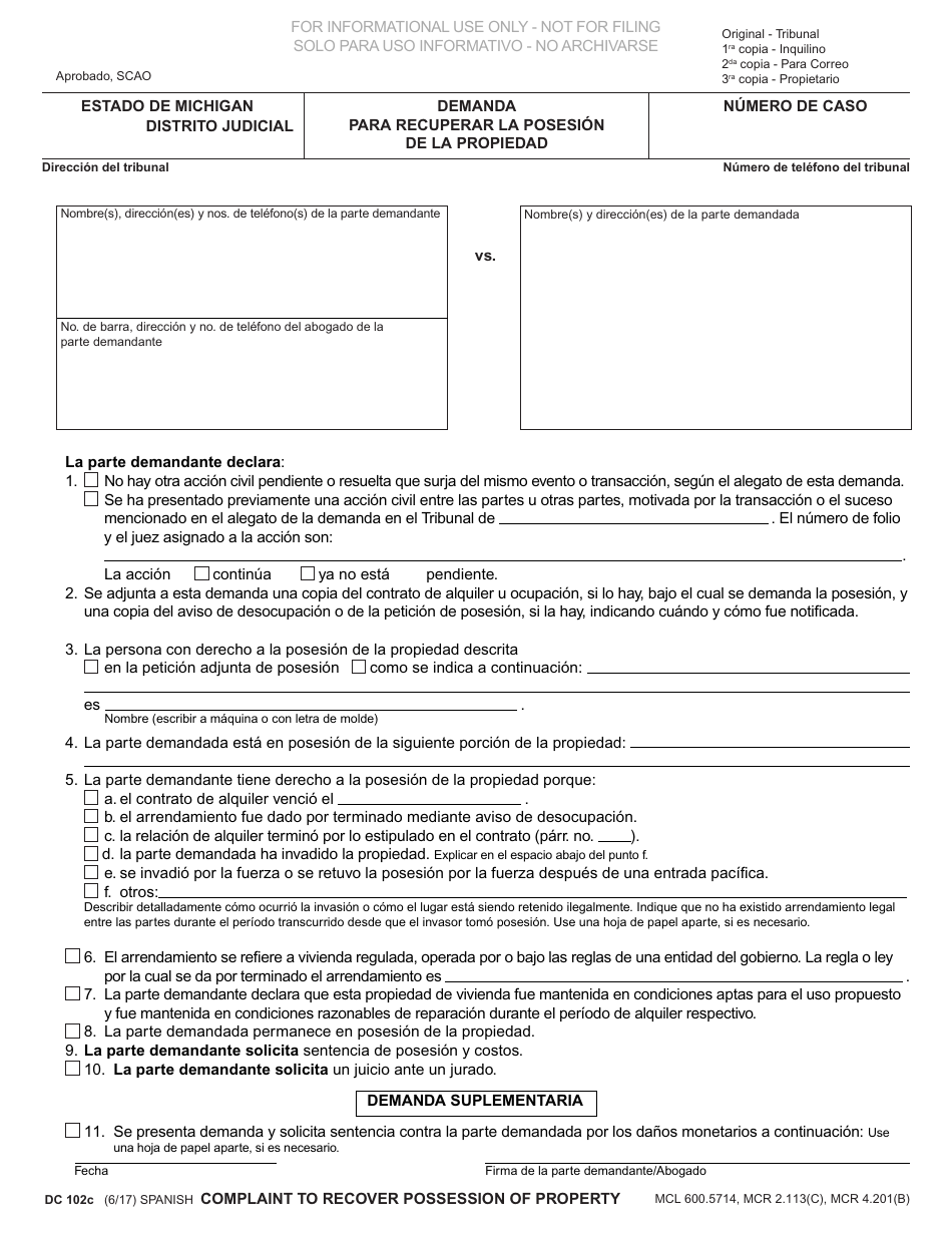 Formulario DC102C Demanda Para Recuperar La Posesion De La Propiedad - Michigan (Spanish), Page 1