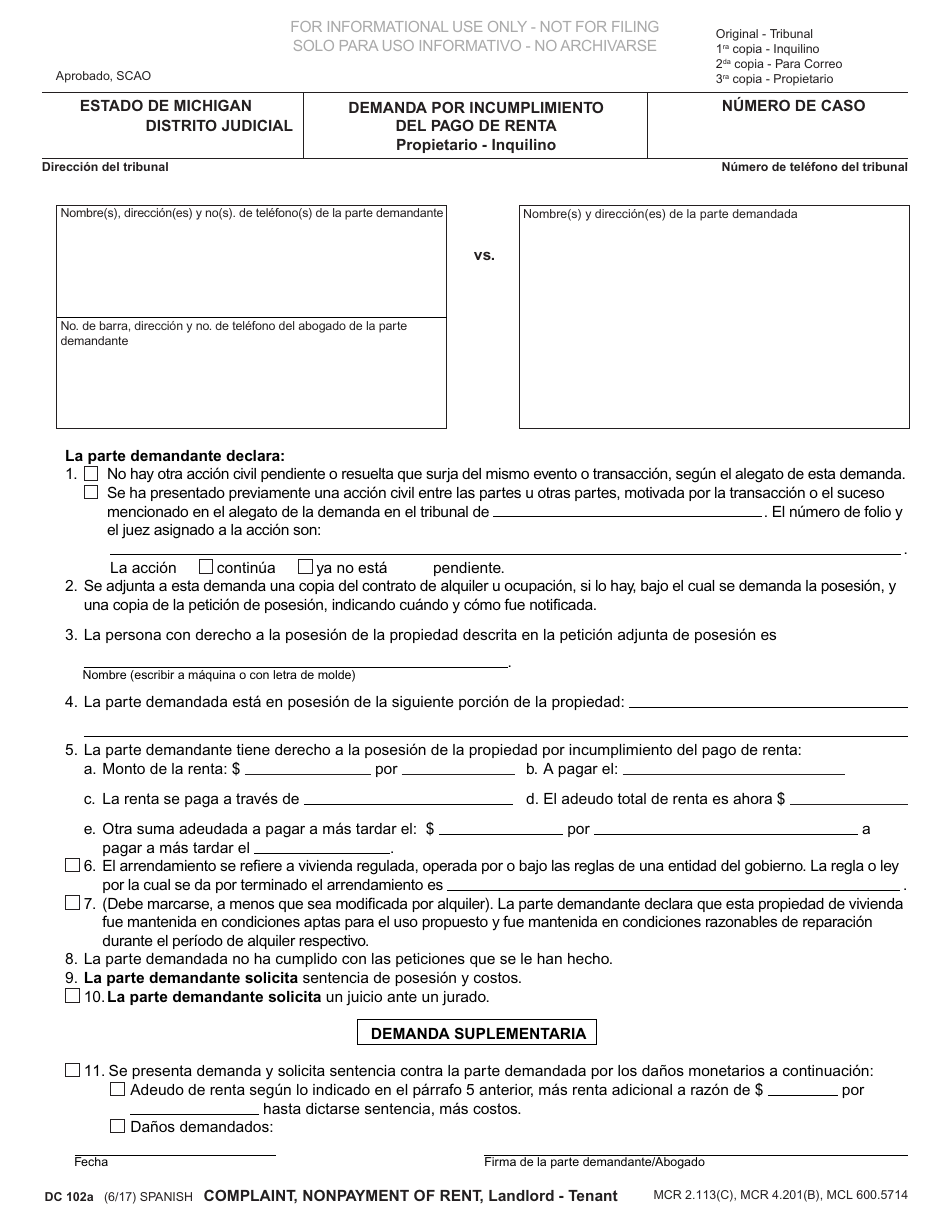 Formulario DC102A Demanda Por Incumplimiento Del Pago De Renta, Propietario - Inquilino - Michigan (Spanish), Page 1