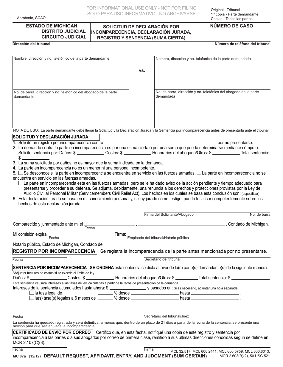 Formulario MC07A Solicitud De Declaracion Por Incomparecencia, Declaracion Jurada, Registro Y Sentencia (Suma Cierta) - Michigan (Spanish), Page 1