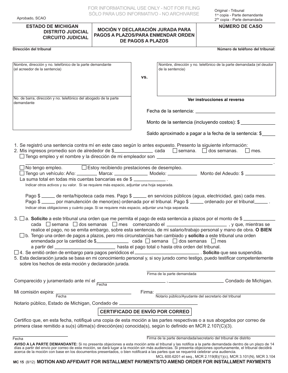 Formulario MC15 Mocion Y Declaracion Jurada Para Pagos a Plazos / Para Enmendar Orden De Pagos a Plazos - Michigan (Spanish), Page 1