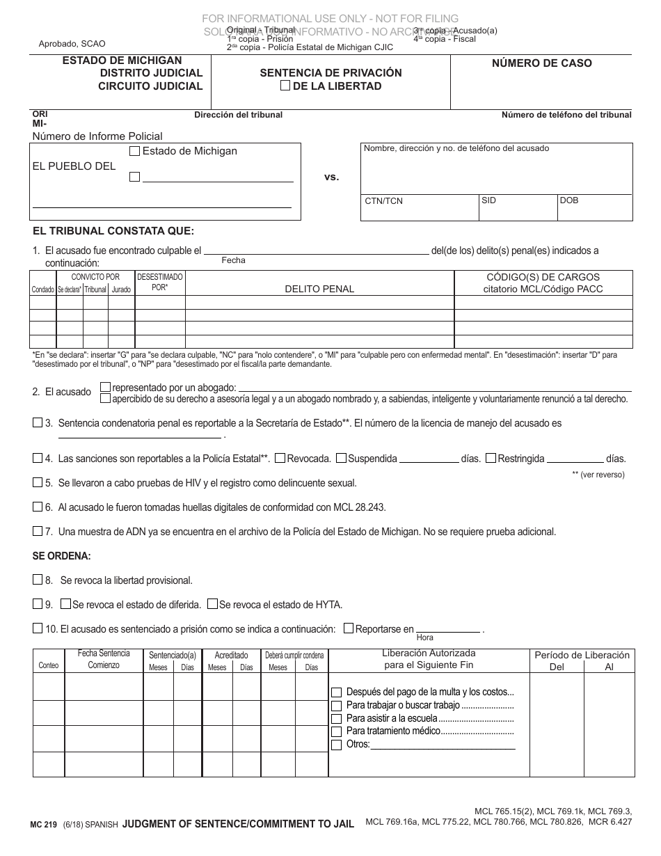 Formulario MC219 Sentencia De Privacion / De La Libertad - Michigan (Spanish), Page 1