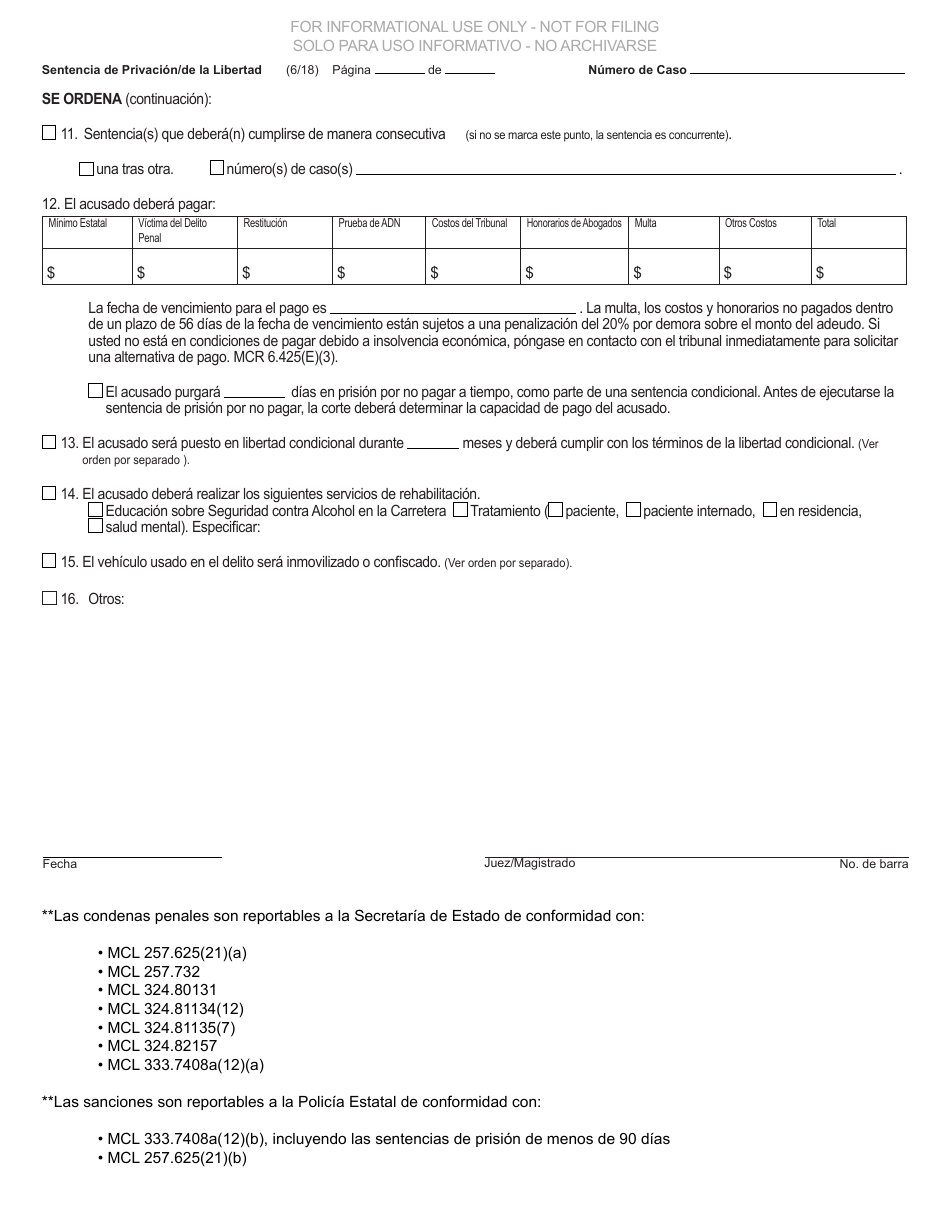 Formulario MC219 Sentencia De Privacion / De La Libertad - Michigan (Spanish), Page 2