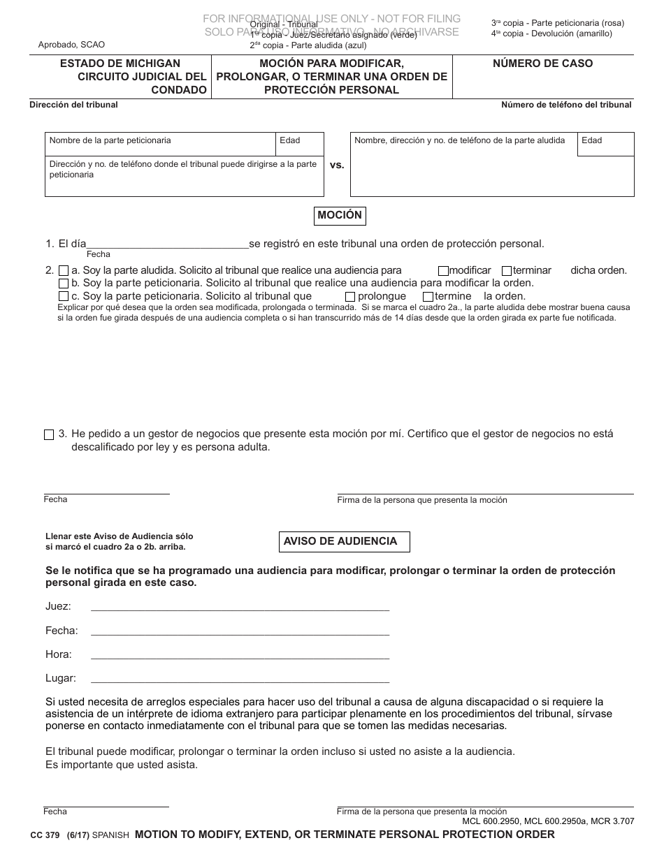 Formulario CC379 Mocion Para Modificar, Prolongar, O Terminar Una Orden De Proteccion Personal - Michigan (Spanish), Page 1