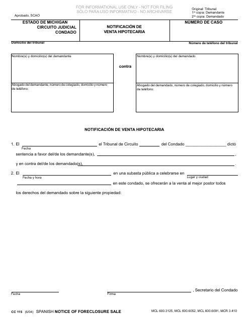 Formulario CC115 Notificacion De Venta Hipotecaria - Michigan (Spanish)