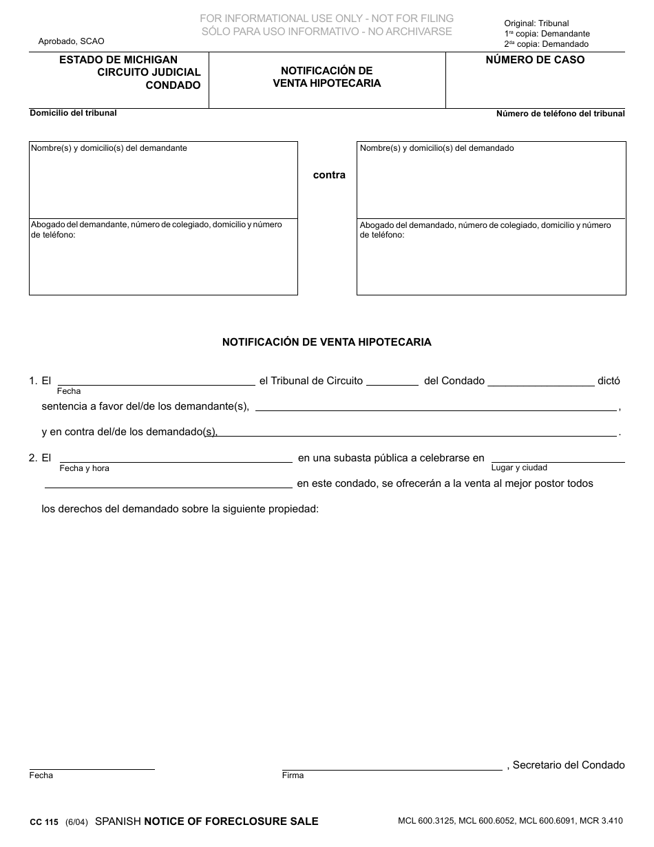 Formulario CC115 Notificacion De Venta Hipotecaria - Michigan (Spanish), Page 1