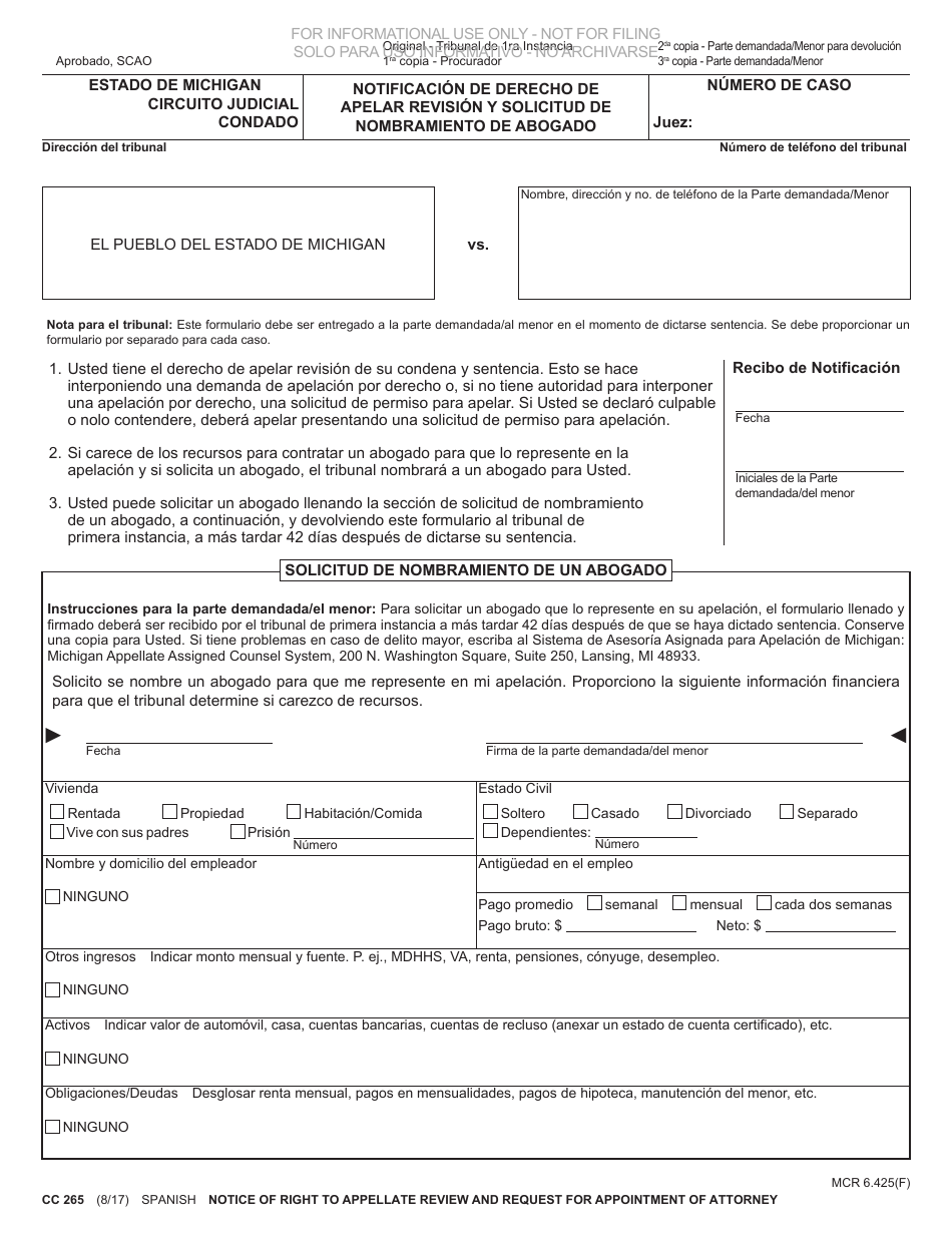Formulario CC265 Notificacion De Derecho De Apelar Revision Y Solicitud De Nombramiento De Abogado - Michigan (Spanish), Page 1