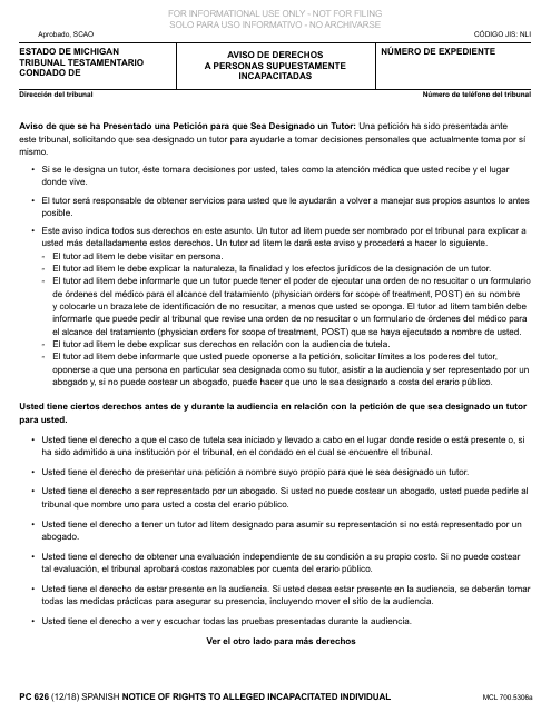 Formulario PC626 Aviso De Derechos a Personas Supuestamente Incapacitadas - Michigan (Spanish)