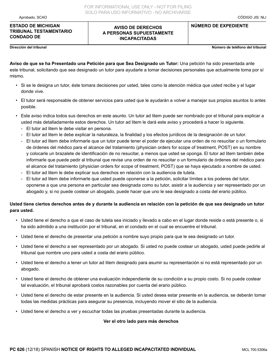 Formulario PC626 Aviso De Derechos a Personas Supuestamente Incapacitadas - Michigan (Spanish), Page 1