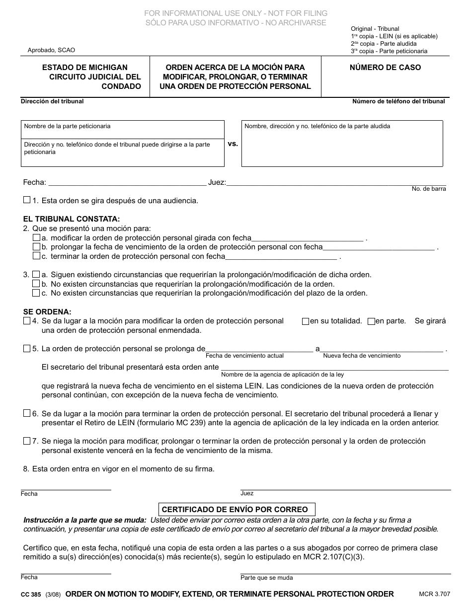 Formulario CC385 Orden Acerca De La Mocion Para Modificar, Prolongar, O Terminar Una Orden De Proteccion Personal - Michigan (Spanish), Page 1