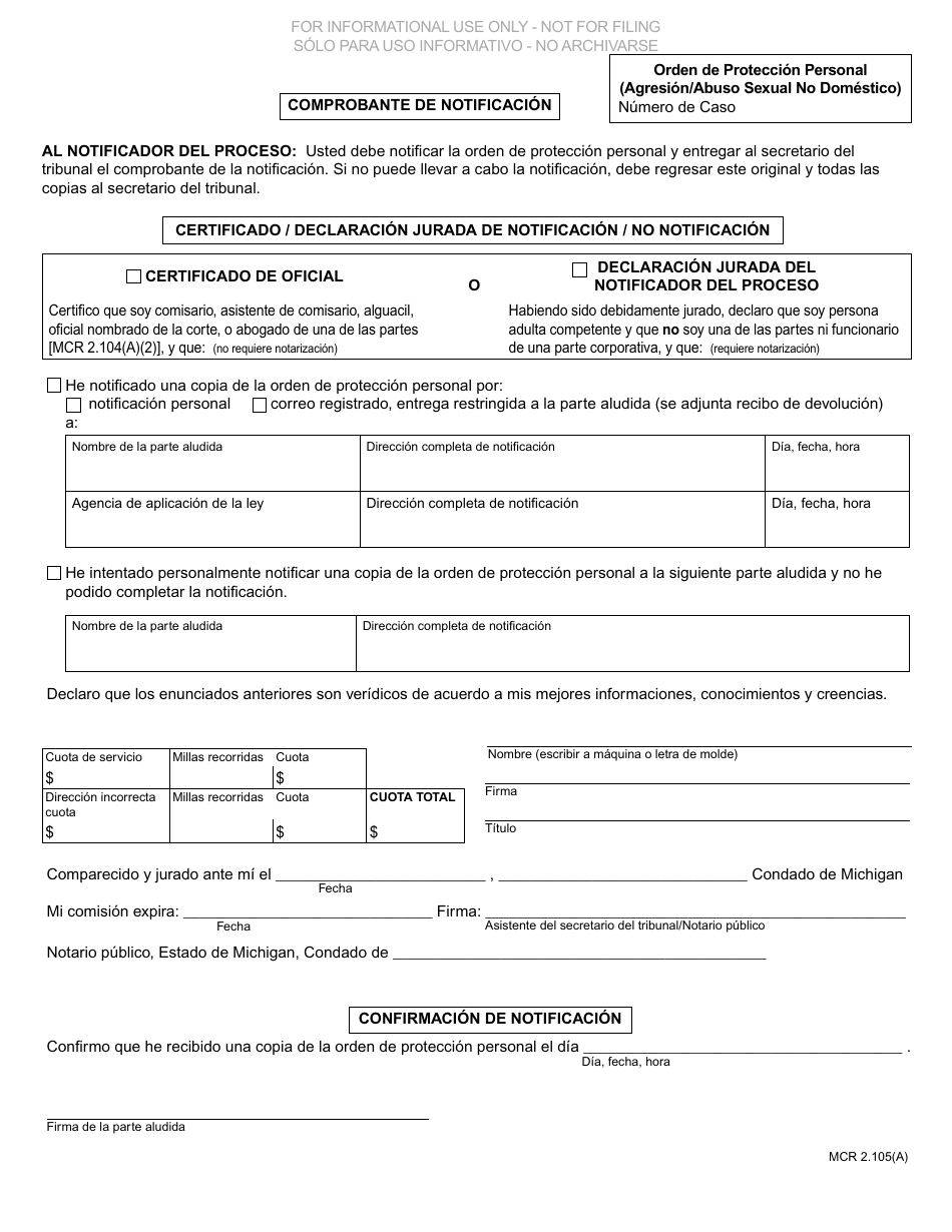 Formulario CC396 Orden De Proteccion Personal (Agresion / Abuso Sexual No Domestico) Ex Parte - Michigan (Spanish), Page 2