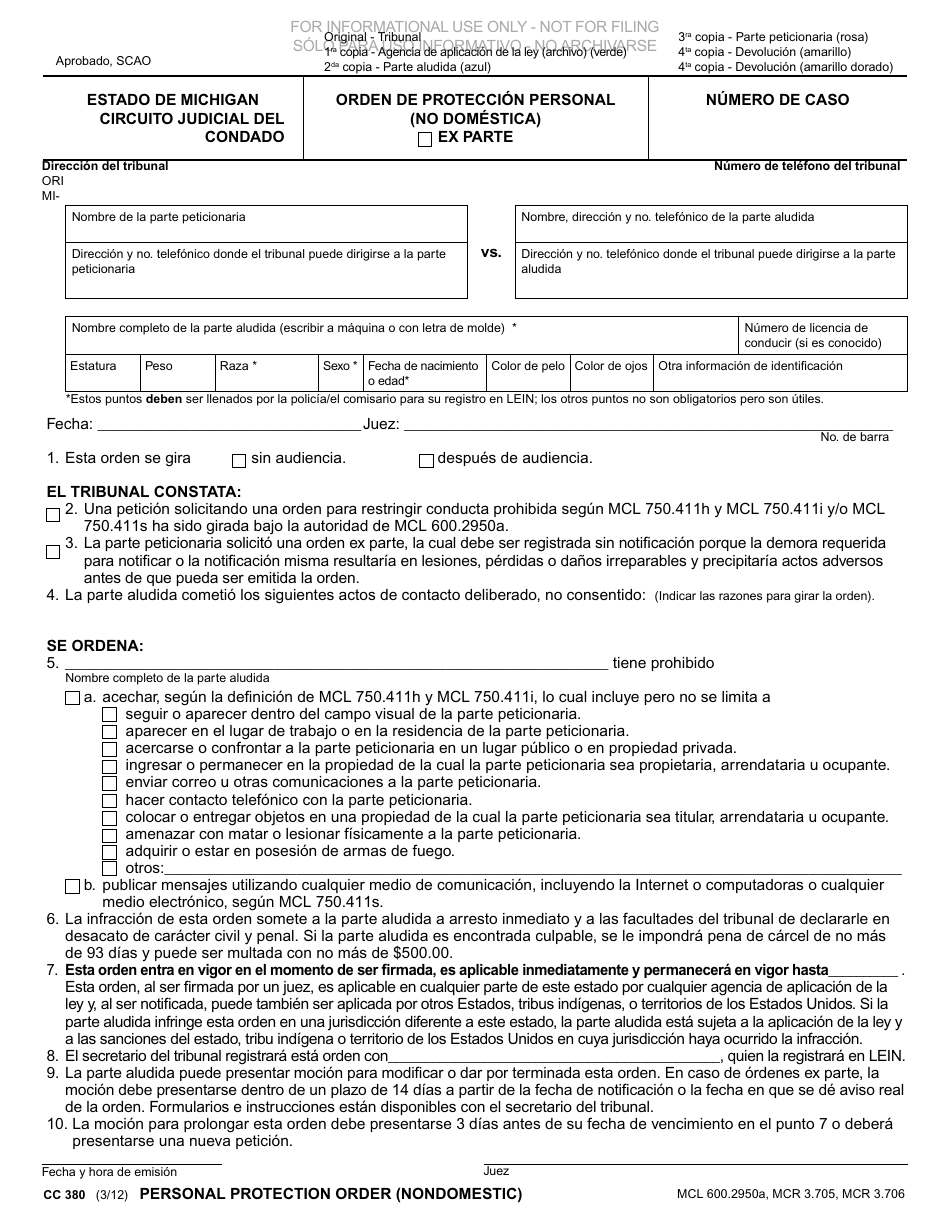 Formulario CC380 Orden De Proteccion Personal (No Domestica) - Michigan (Spanish), Page 1
