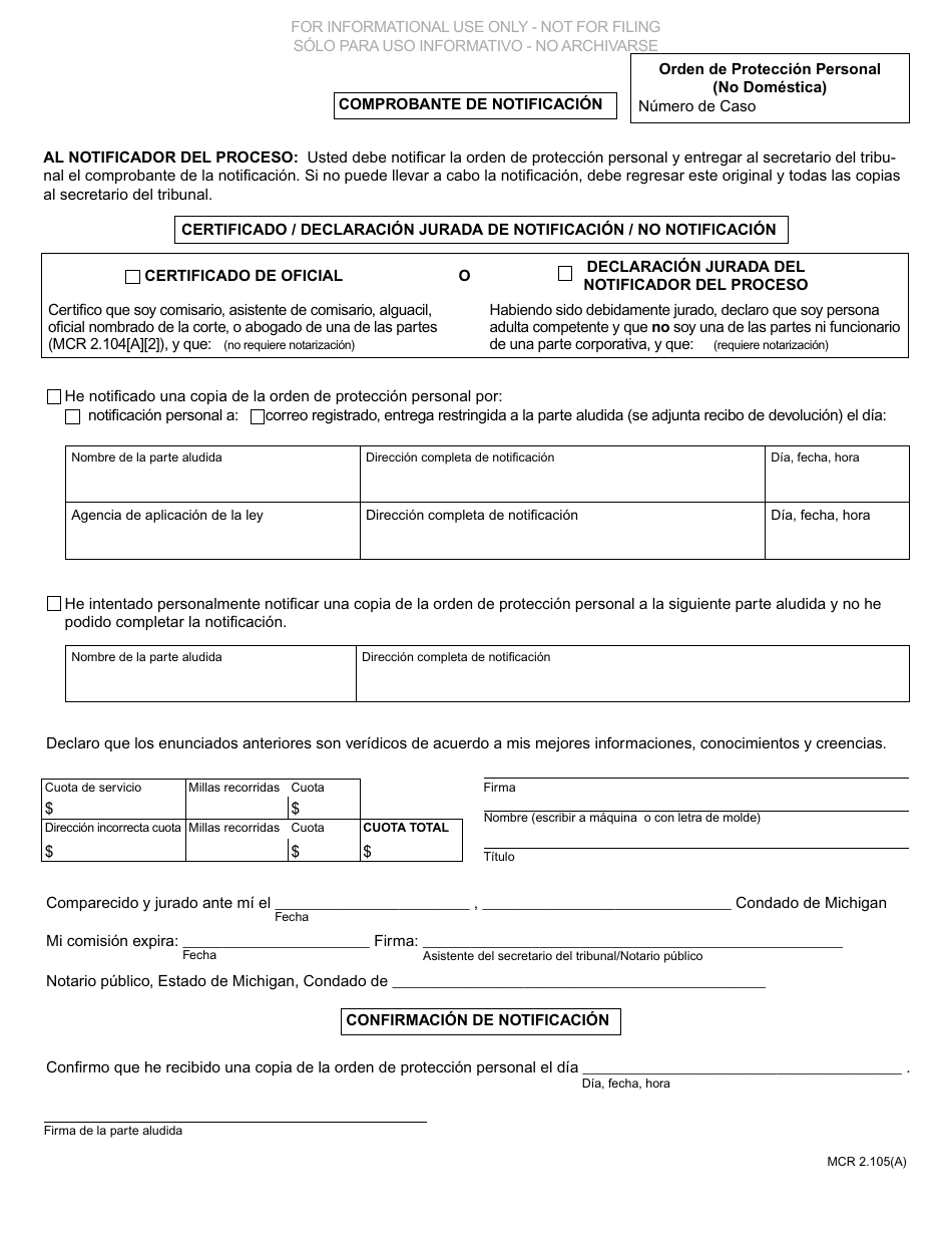 Formulario CC380 Orden De Proteccion Personal (No Domestica) - Michigan (Spanish), Page 2