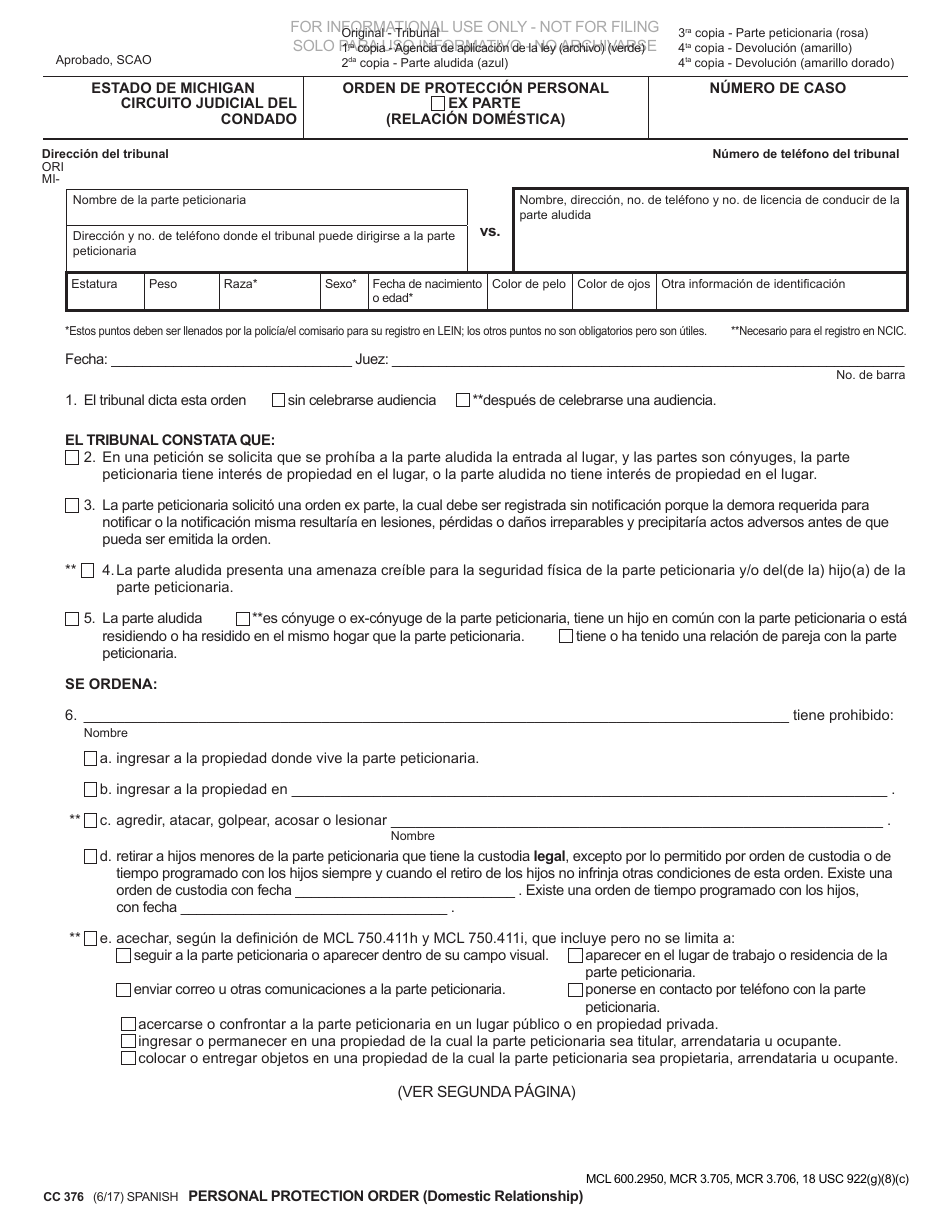 Formulario CC376 Orden De Proteccion Personal / Ex Parte (Relacion Domestica) - Michigan (Spanish), Page 1