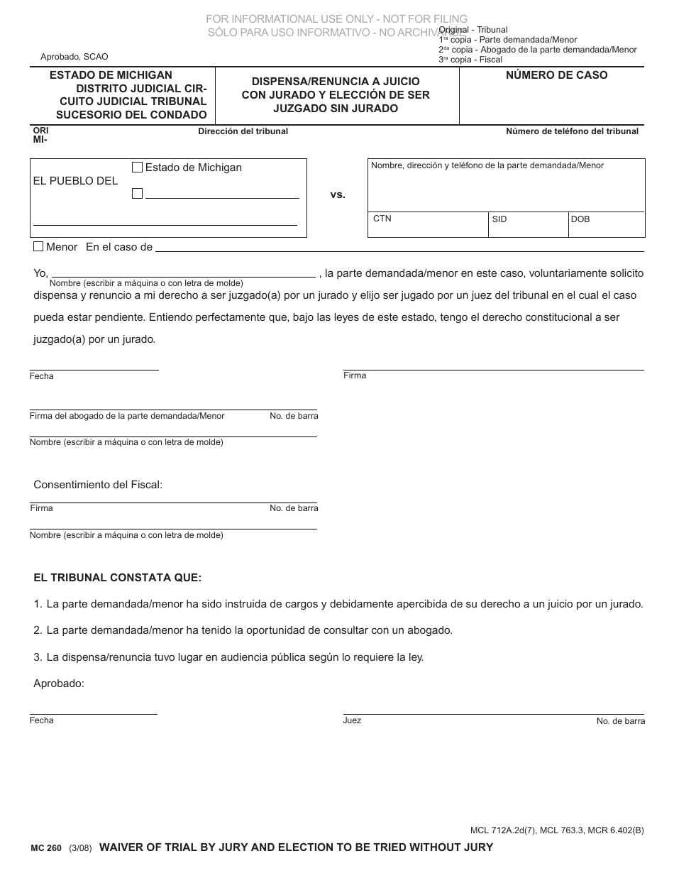 Formulario MC260 Dispensa / Renuncia a Juicio Con Jurado Y Eleccion De Ser Juzgado Sin Jurado - Michigan (Spanish), Page 1