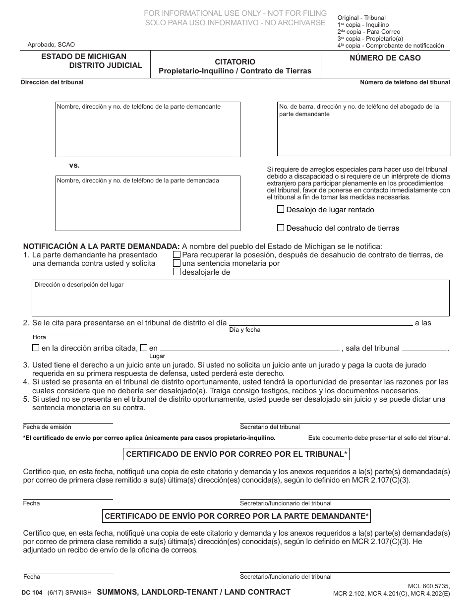 Formulario DC104 Citatorio - Propietario-Inquilino / Contrato De Tierras - Michigan (Spanish), Page 1
