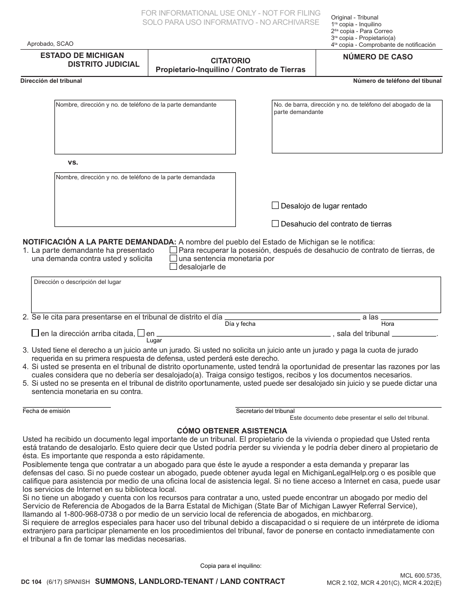 Formulario DC104 Citatorio - Propietario-Inquilino / Contrato De Tierras - Michigan (Spanish), Page 2