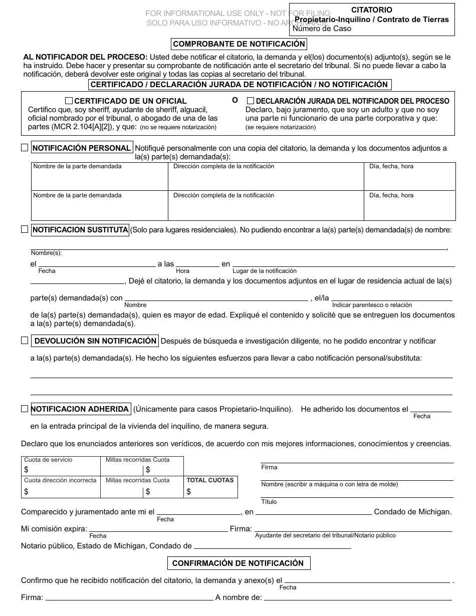 Formulario DC104 Citatorio - Propietario-Inquilino / Contrato De Tierras - Michigan (Spanish), Page 3