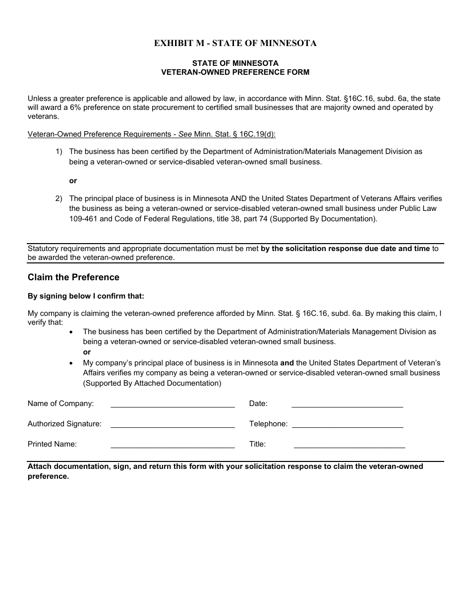 Exhibit M Veteran-Owned Preference Form - Minnesota, Page 1