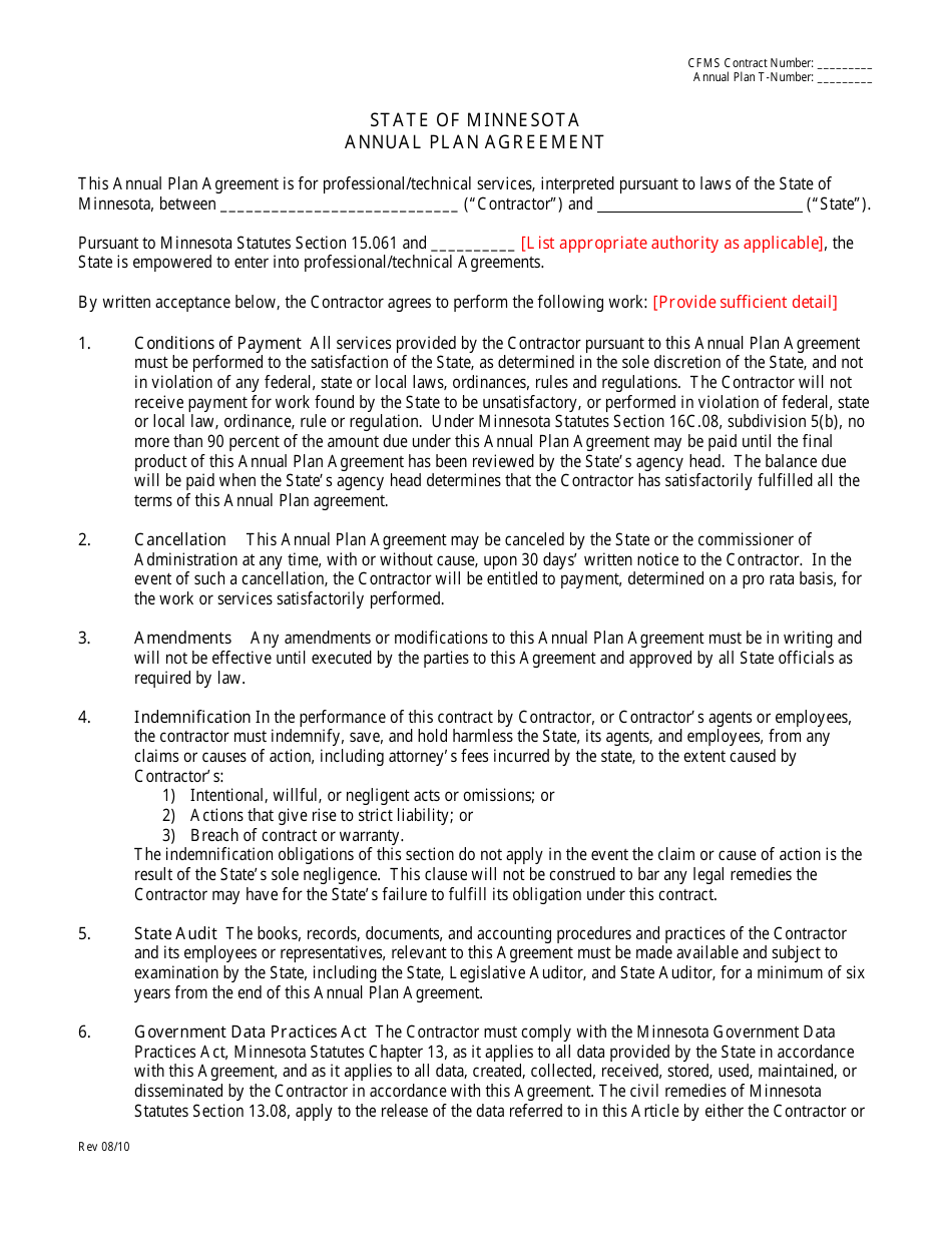 Annual Plan Agreement - Minnesota, Page 1