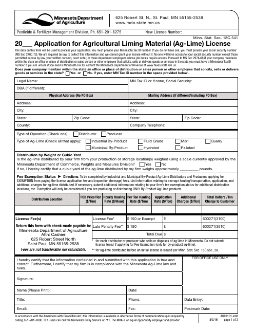 Application for Agricultural Liming Material (Ag-Lime) License - Minnesota Download Pdf