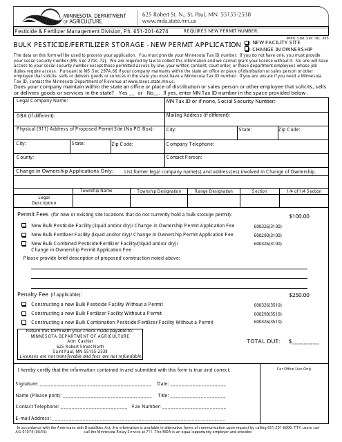 Form AG-01074 Bulk Pesticide/Fertilizer Storage - New Permit Application - Minnesota