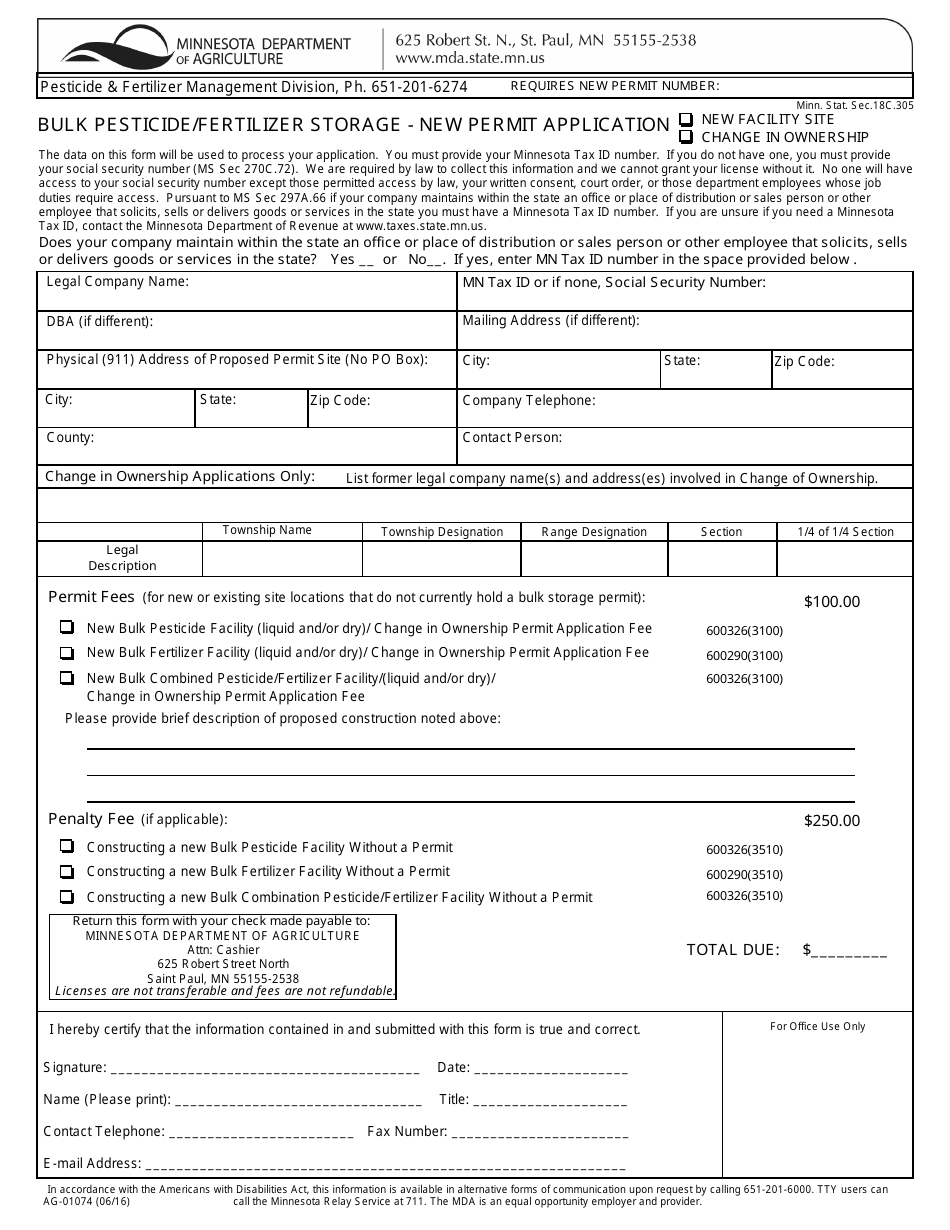 Form AG-01074 Bulk Pesticide / Fertilizer Storage - New Permit Application - Minnesota, Page 1