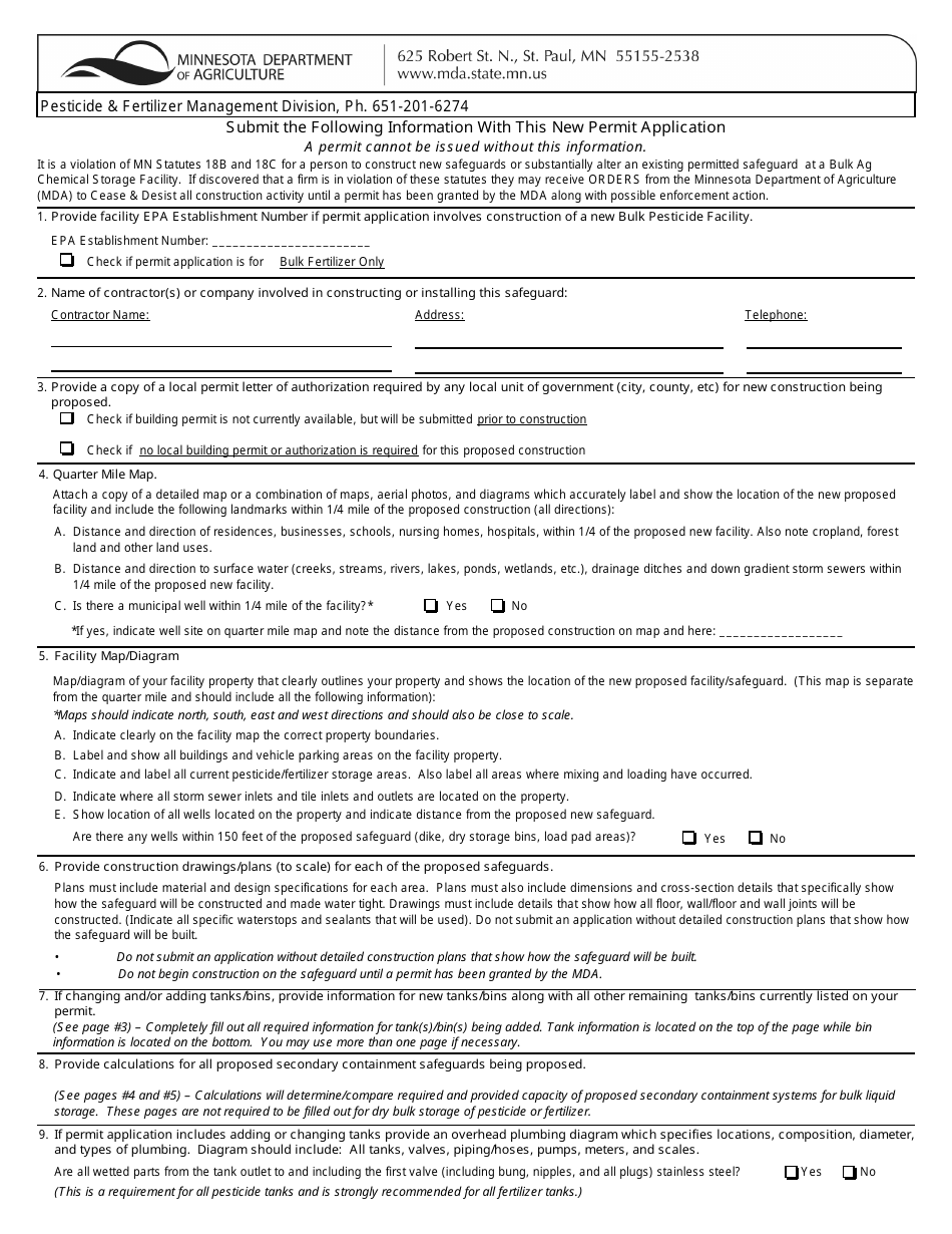 Form AG-01074 Bulk Pesticide / Fertilizer Storage - New Permit Application - Minnesota, Page 2