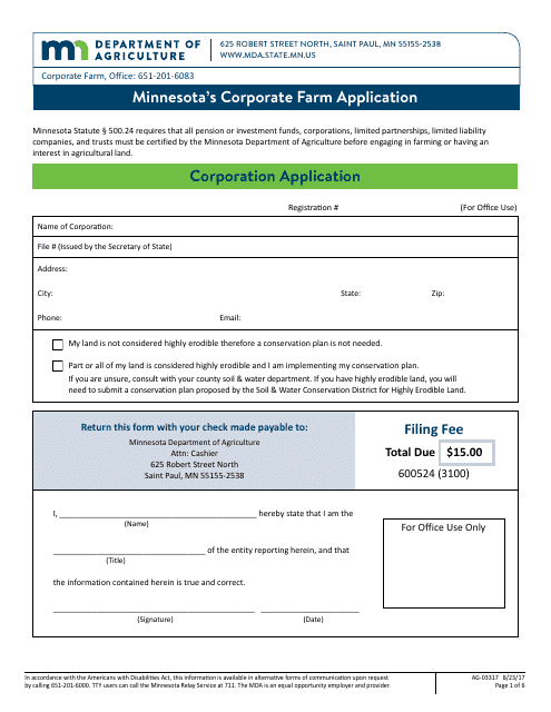 Form AG-03317 Minnesota's Corporate Farm Application - Corporation Application - Minnesota