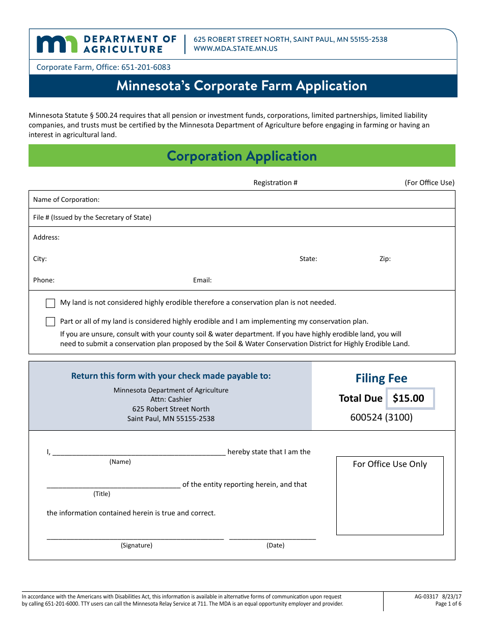 Form AG-03317 Minnesotas Corporate Farm Application - Corporation Application - Minnesota, Page 1