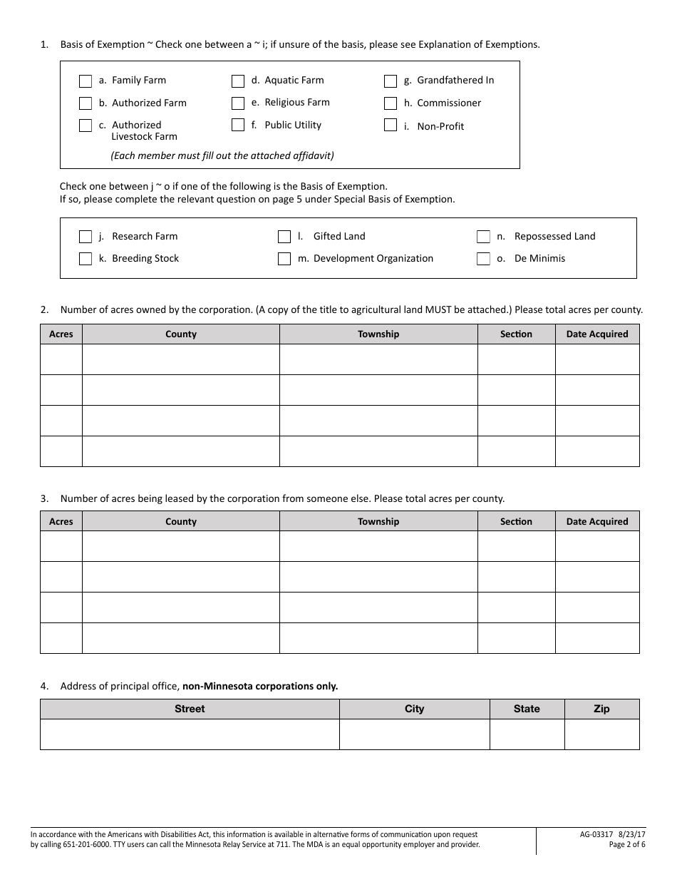 Form AG-03317 Minnesotas Corporate Farm Application - Corporation Application - Minnesota, Page 2